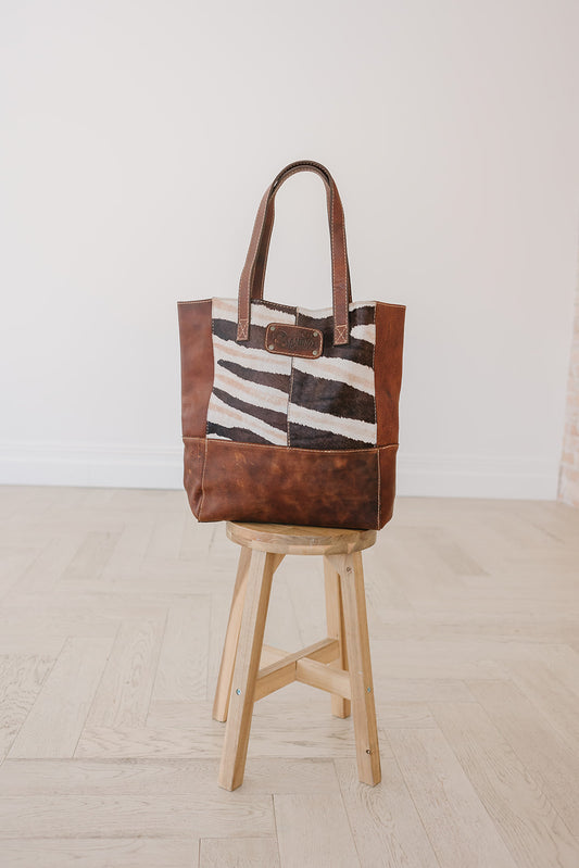 Brown Leather Tote Zebra