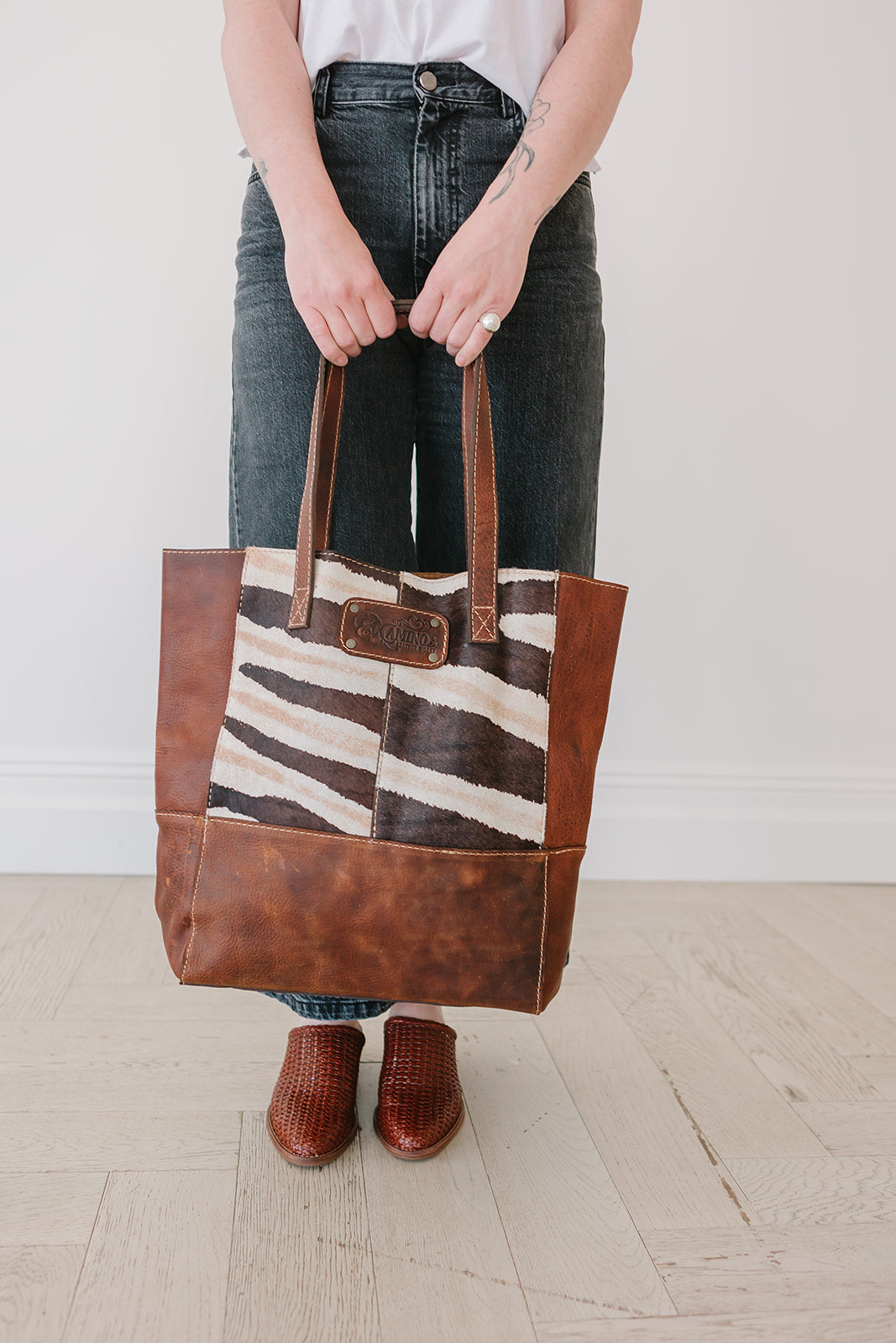 Brown Leather Tote Zebra