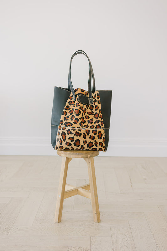 Black Leather Tote Bag Leopard