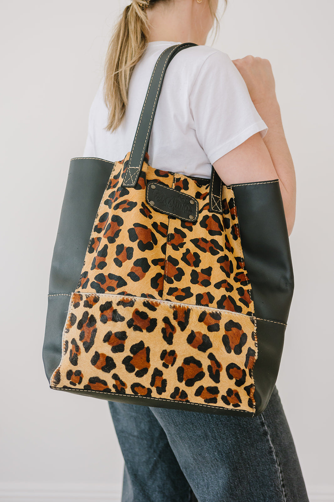 Black Leather Tote Bag Leopard
