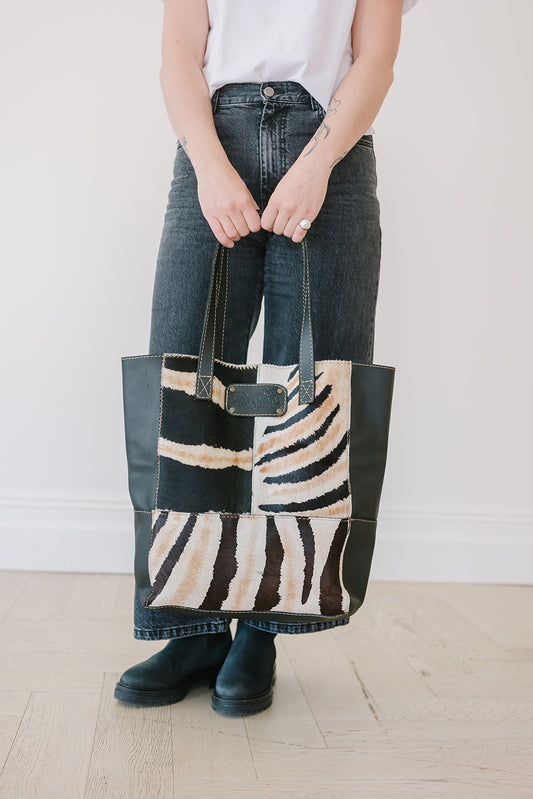 Black Leather Tote Zebra