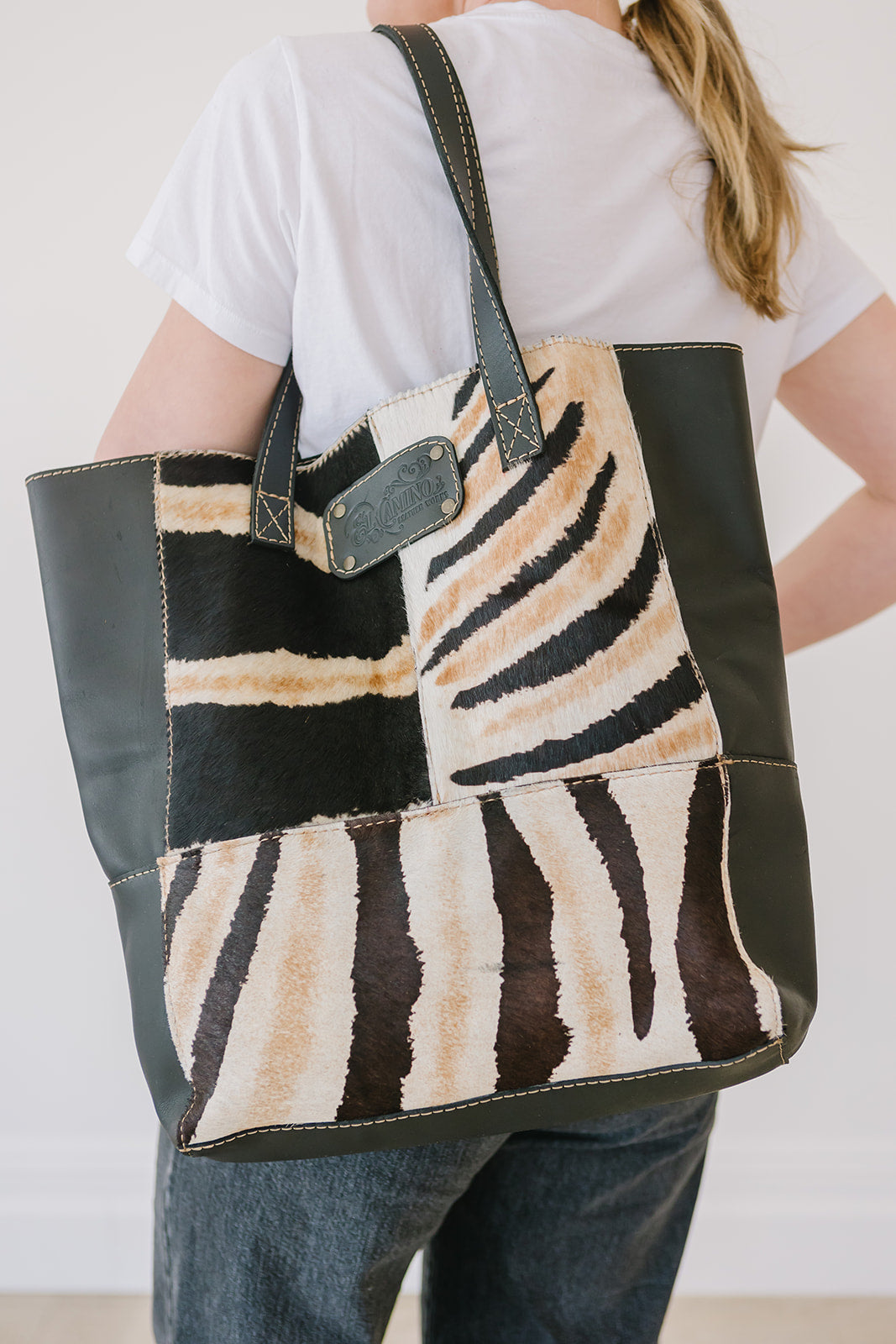 Black Leather Tote Zebra
