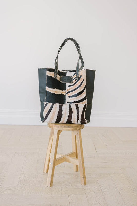 Black Leather Tote Zebra