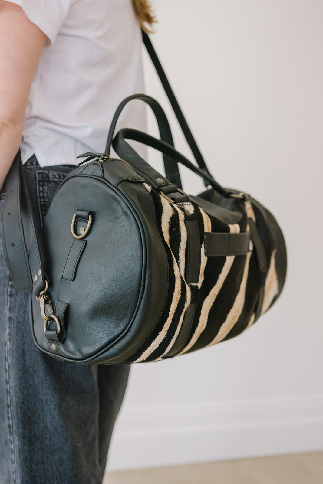 Black Leather Duffle Bag Zebra - Limited Edition